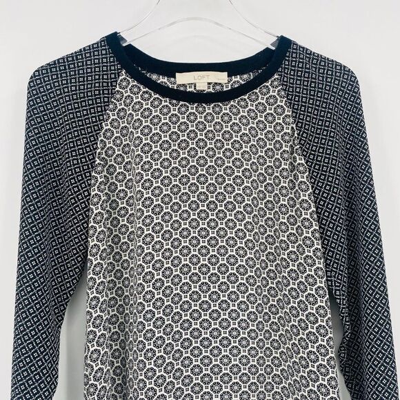 LOFT Size XXSP Black & White Geometric Print Long Sleeve Popover Blouse Top - Picture 2 of 9